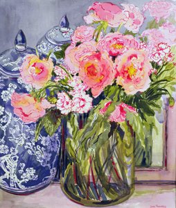 Stilleven met twee blauwe gemberpotten